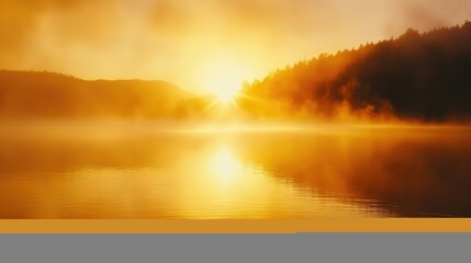 Fototapeta premium A golden sunrise over a misty lake, with the light reflecting off the water, creating a tranquil scene