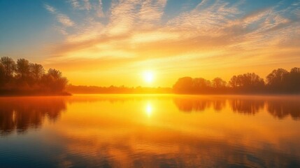 Fototapeta premium A golden sunrise over a tranquil lake, with the water reflecting the warm colors of the sky