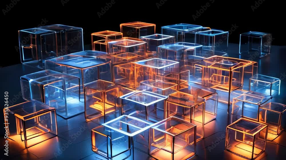 Poster interconnected transparent cubes in an abstract technology animation