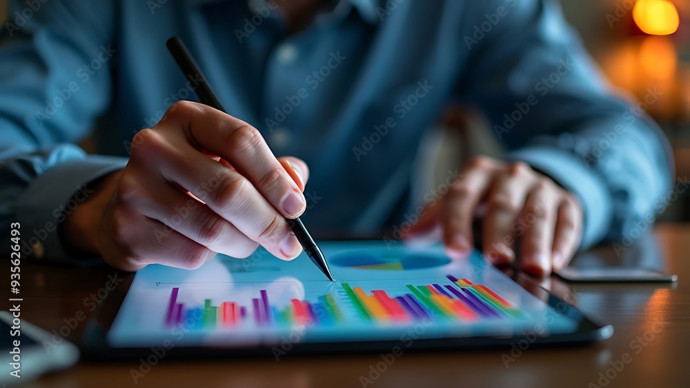 Aufkleber close-up of a person using a stylus on a tablet displaying colorful graphs and charts, with blurred 