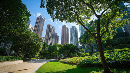 an urban park surrounded by high-rise buildings, showing a blend of nature and architecture