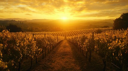 A golden sunset over a vineyard, with rows of grapevines bathed in the warm evening light