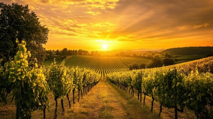 Fototapeta premium A golden sunset over a vineyard, with rows of grapevines bathed in the warm evening light