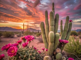 Vibrant pink flowers bloom amidst a serene desert landscape, with a majestic cactus standing tall, set against a warm orange and blue gradient sky.
