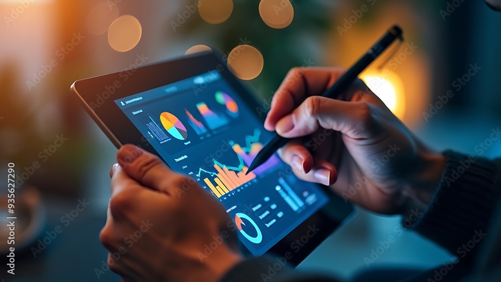 Aufkleber close-up of a person using a stylus on a tablet displaying colorful graphs and charts, with blurred 
