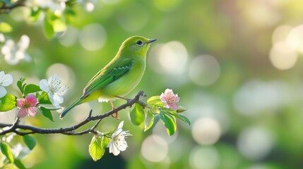 Obraz premium A green bird perched on a flowering branch, vibrant and full of life