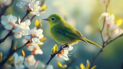 A green bird perched on a flowering branch, vibrant and full of life