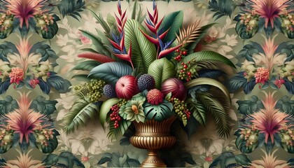 Fototapeta premium a vase with flowers on a pedestal in front of a wall.