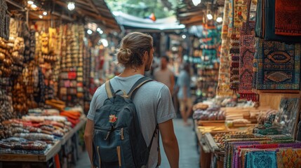 Fototapeta premium A traveler shopping for souvenirs in a vibrant local market, finding unique items that reflect the culture.