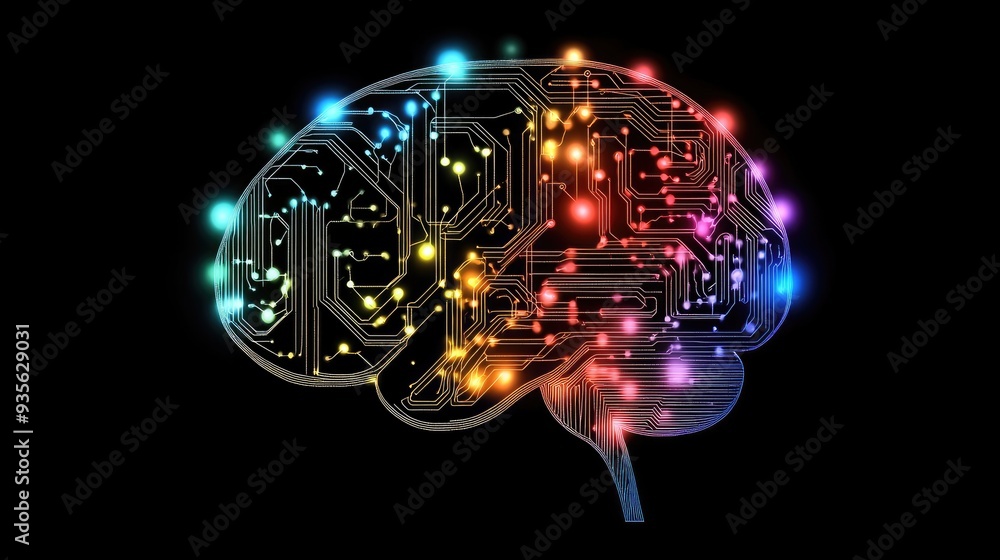 Poster a human brain made of circuits and digital patterns, symbolizing ai, with ample room for text.