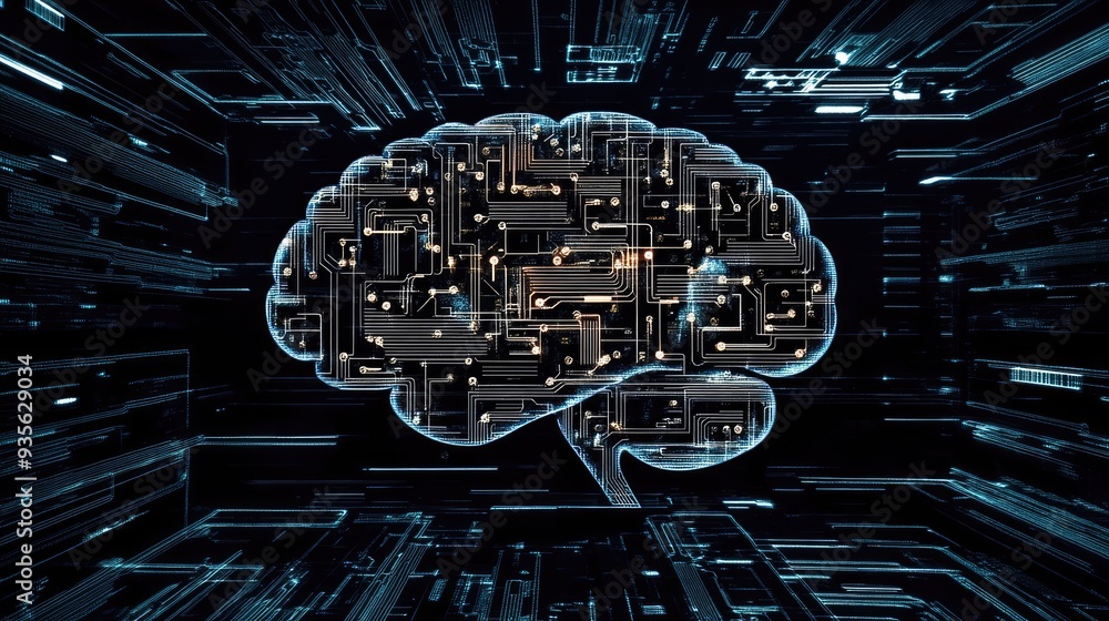 Poster a human brain made of circuits and digital patterns, symbolizing ai, with ample room for text.