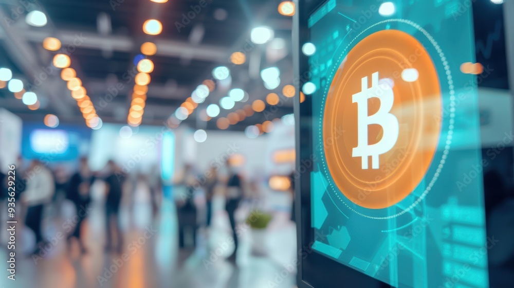 Aufkleber a close-up view of a bitcoin symbol on a digital display at a bustling technology exhibition with bl