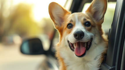 Head of happy corgi puppy dog looking out of car window