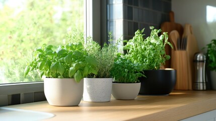 Fototapeta premium A green herb garden in the kitchen, fresh and ready for cooking, adding flavor to meals