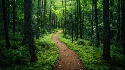 Fototapeta premium A green hiking trail through a forest, inviting exploration and adventure
