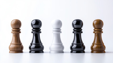 A row of chess pawns in alternating black and white colors, symbolizing strategy, competition, and equality in a minimalist design.