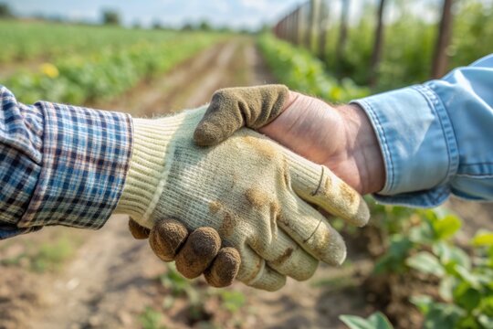 Close-up of a handshake agreement between a weathered farming glove and a crisp business hand, sealing commitment to natural and sustainable agriculture practices.