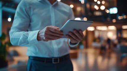 An office worker in a professional environment, working on a tablet and collaborating with colleagues