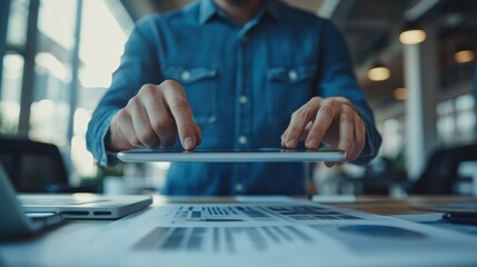 An office worker in a professional environment, working on a tablet and collaborating with colleagues