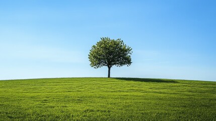 A green meadow with a single tree under a bright blue sky, peaceful and serene