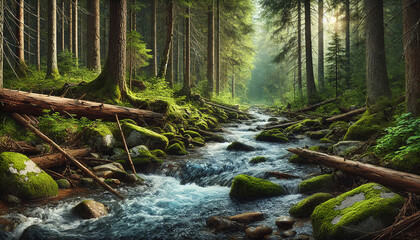 Fototapeta premium A realistic forest stream flowing through lush greenery