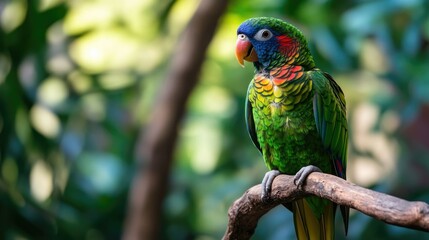 Naklejka premium A green parrot flying through a tropical forest, vibrant and full of life, a burst of color