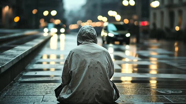 A homeless woman sits alone and forlorn on a stairway in the wet city streets, her face illuminated by the dim streetlights, with rain-soaked pavement reflecting the somber mood of her isolation,