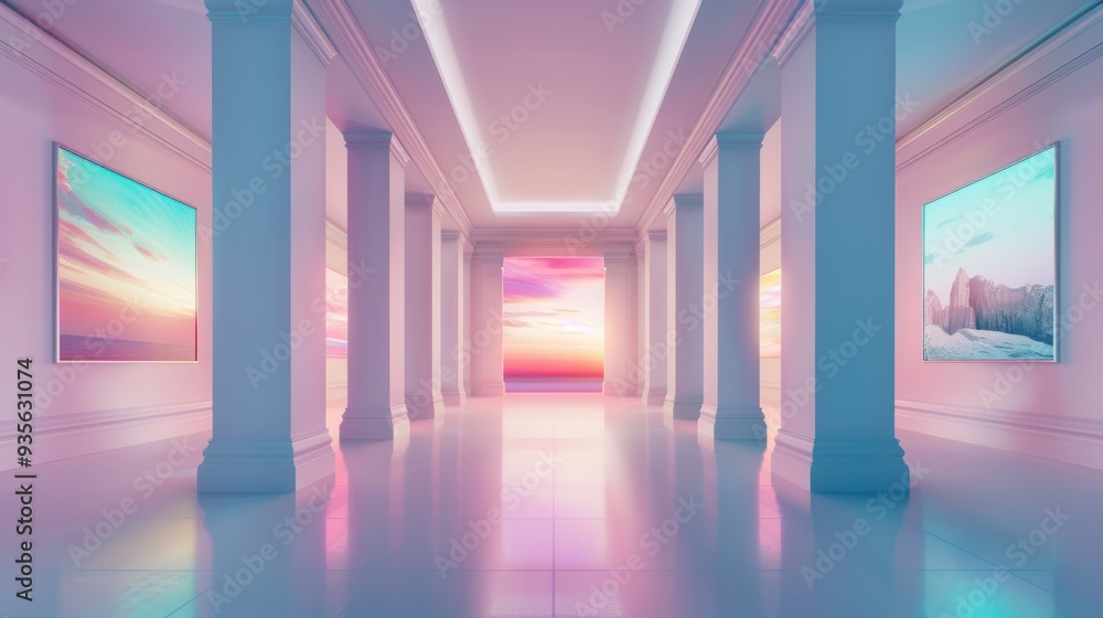 Poster a modern art gallery featuring vibrant sunset paintings illuminated by soft lighting and elegant col