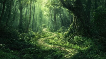 Fototapeta premium A green path winding through a dense forest, inviting exploration and adventure -