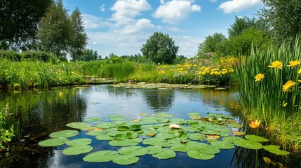 A green pond with lily pads and blooming flowers, a serene and tranquil natural setting