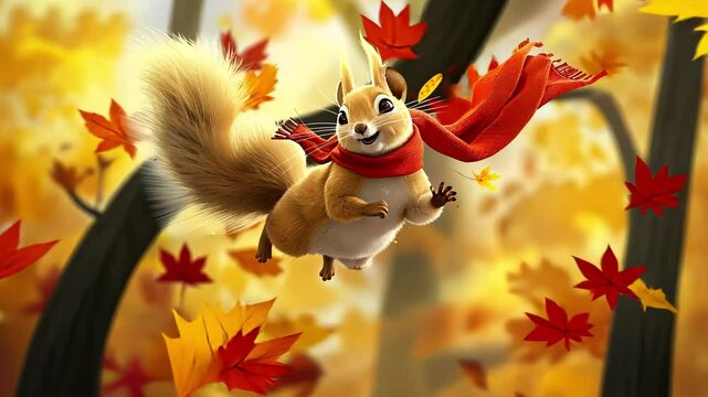 Cute flying squirrel wearing red scarf in autumn forest animation. Colorful orange leaves falling. 4k video funny design