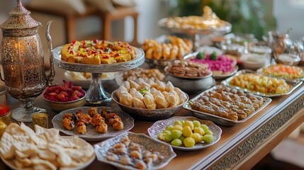 Fototapeta premium 43. A festive Eid al-Fitr celebration with traditional foods and decorations