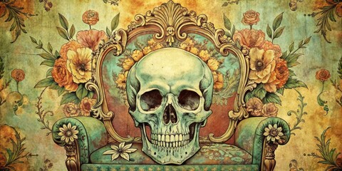 Whimsical vintage card featuring a distressed skull surrounded by ornate florals, adorned with intricate Art Nouveau details, in soft pastel hues on a luxurious furniture-inspired backdrop.