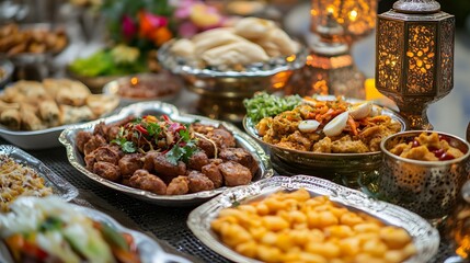 Obraz premium 43. A festive Eid al-Fitr celebration with traditional foods and decorations