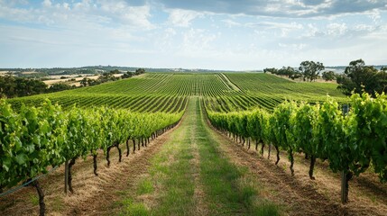 A green vineyard with rows of grapevines stretching out towards the horizon