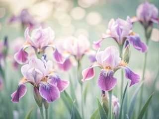 Vibrant purple iris flowers bloom against a soft, blurred background, showcasing intricate textures and delicate petals in a stunning, high-resolution floral wallpaper design.