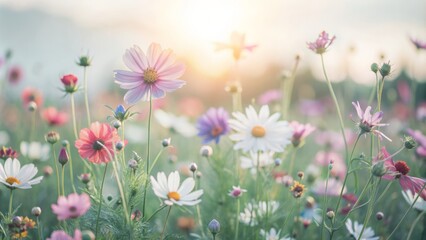Fototapeta premium Vibrant wildflowers sway gently in a sun-kissed meadow, basking in soft, warm sunlight that highlights their delicate petals and lively colors against a serene summer sky.