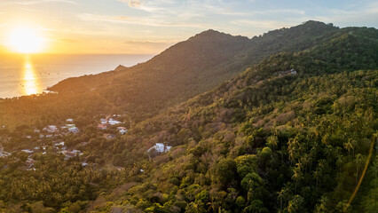 Aerial sunset view of Koh Tao Thailand aerial view Sairee beach 