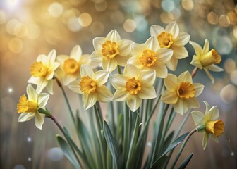 Vibrant yellow daffodils in full bloom sway gently on a soft, blurred watercolor background, evoking feelings of hope and renewal in a beautiful, minimalist desktop design.
