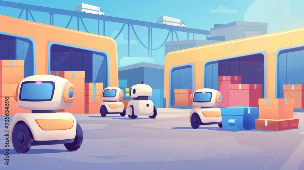 Poster a vibrant illustration of robots working in a warehouse setting, showcasing automation in logistics 