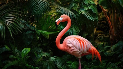 Fototapeta premium A pink flamingo garden decoration in a lush tropical setting, symbolizing elegance and beauty