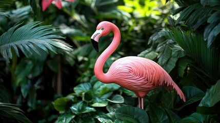 Fototapeta premium A pink flamingo garden ornament surrounded by tropical plants, symbolizing exotic beauty
