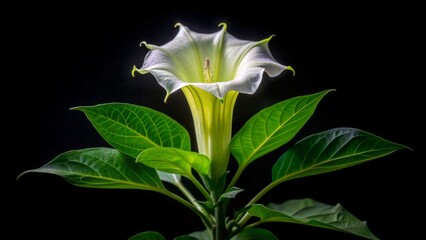 Delicate, trumpet-shaped Datura flower with creamy white petals and yellow center, softly glowing in isolation on a transparent background, exuding serene beauty.