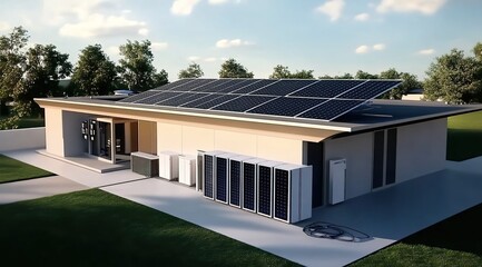 Fototapeta premium 3D rendering of an energy storage system with solar panels on the roof, showcasing its integration into modern home designs.