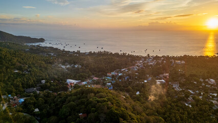Aerial sunset view of Koh Tao Thailand aerial view Sairee beach 