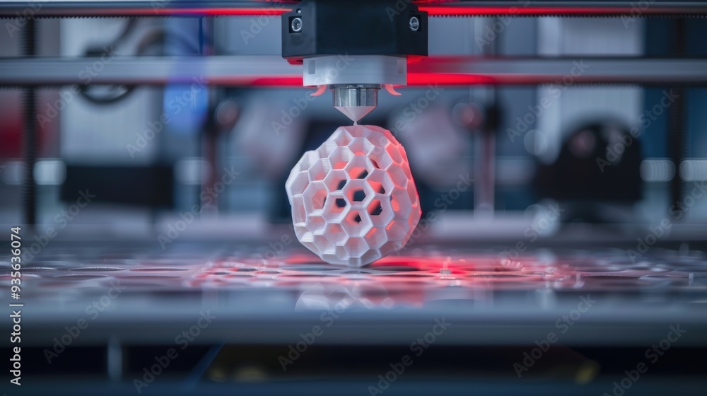 Poster close-up of a 3d printer creating a unique hexagonal structure with vibrant lighting, showcasing mod