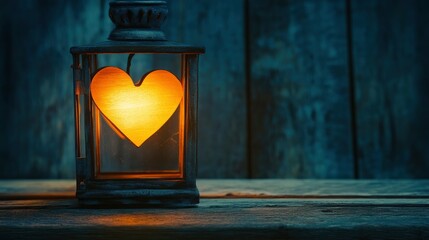 Lantern With Heart Shaped Light On Wooden Table - Valentine Concept with generative ai