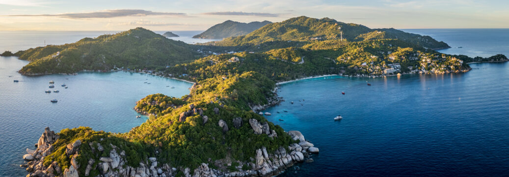 Aerial sunset panoramic view of Koh Tao gulf of Thailand 