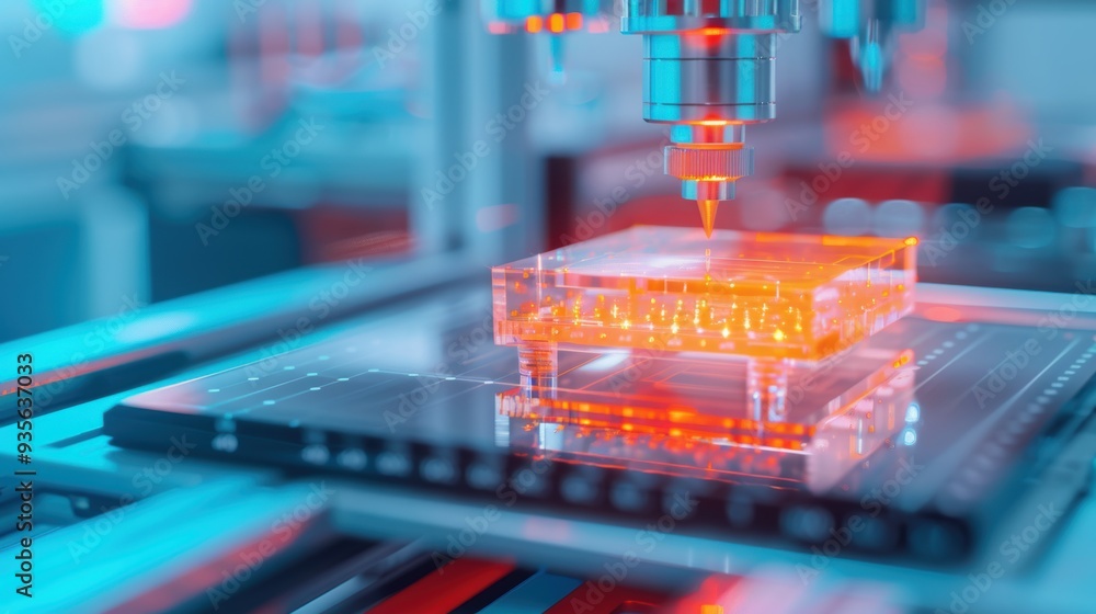 Poster close-up view of a high-tech laser cutting machine working on a transparent material in a modern lab