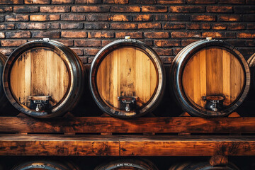 Wooden Barrels in Brick Wine Cellar